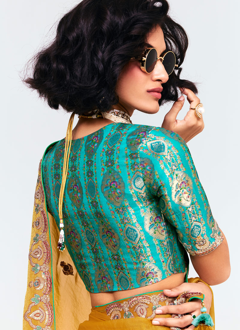Mustard Fancy Sequins Embroidered Party Wear Saree