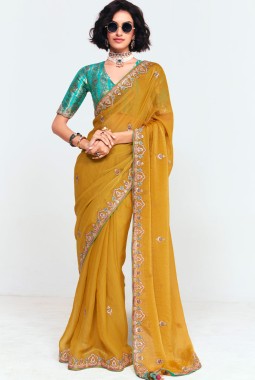 Mustard Fancy Sequins Embroidered Party Wear Saree