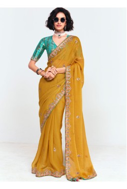 Mustard Fancy Sequins Embroidered Party Wear Saree