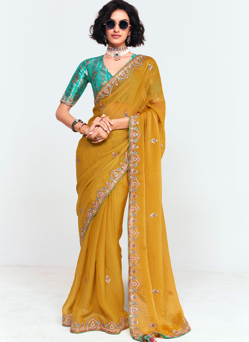 Mustard Fancy Sequins Embroidered Party Wear Saree