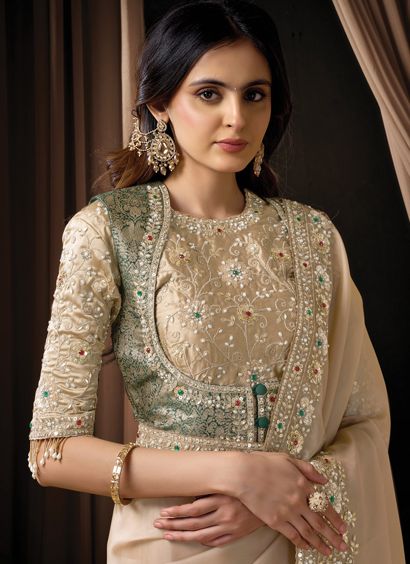 Beige Organza Rajwadi Koti Embroidery Wedding Saree