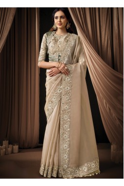 Beige Organza Rajwadi Koti Embroidery Wedding Saree