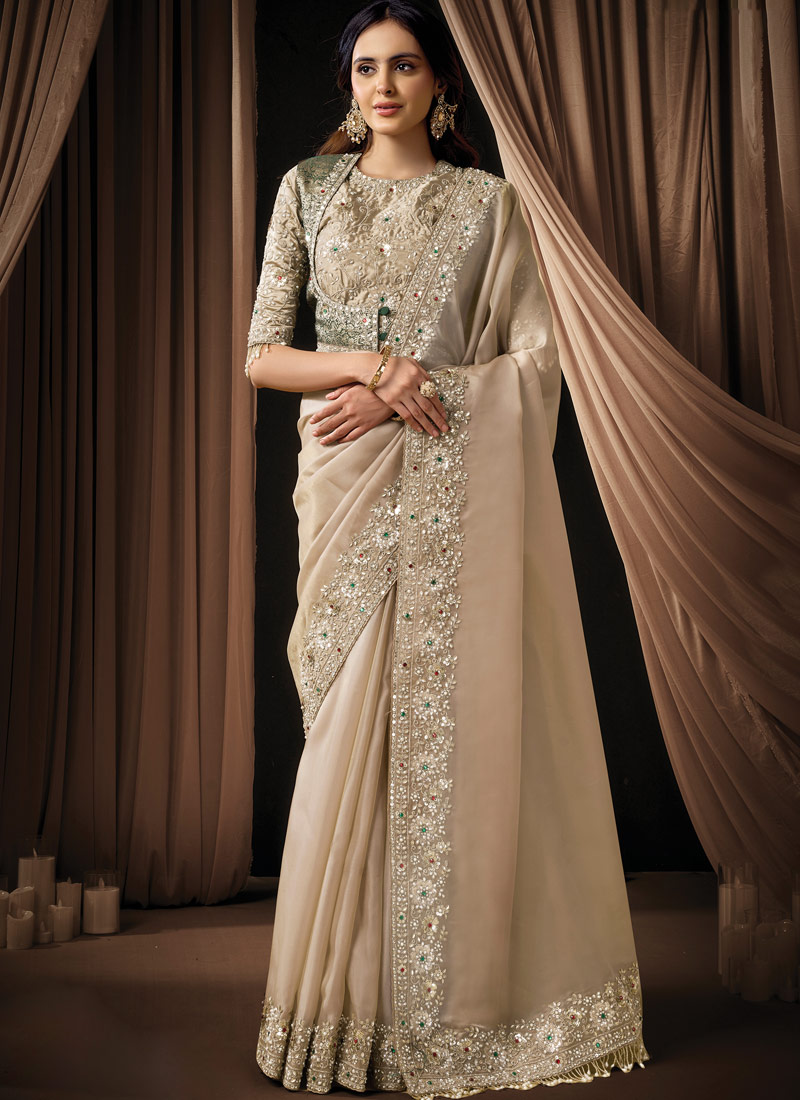 Beige Organza Rajwadi Koti Embroidery Wedding Saree