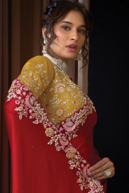 Red Satin Silk Thread Embroidery Wedding Saree