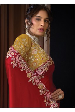 Red Satin Silk Thread Embroidery Wedding Saree