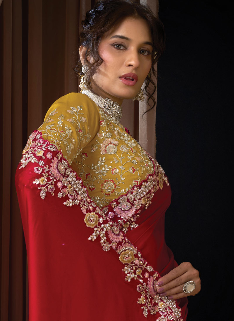 Red Satin Silk Thread Embroidery Wedding Saree
