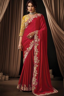 Red Satin Silk Thread Embroidery Wedding Saree