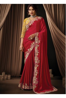 Red Satin Silk Thread Embroidery Wedding Saree