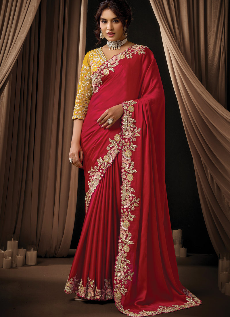 Red Satin Silk Thread Embroidery Wedding Saree