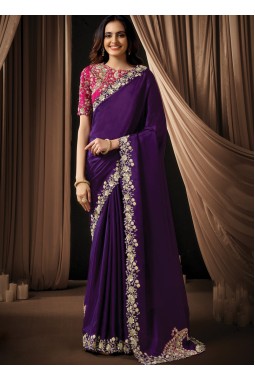 Purple Uppada Silk Handwork Wedding Saree
