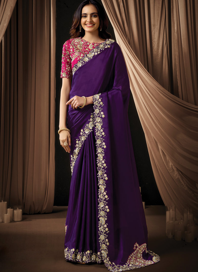 Purple Uppada Silk Handwork Wedding Saree