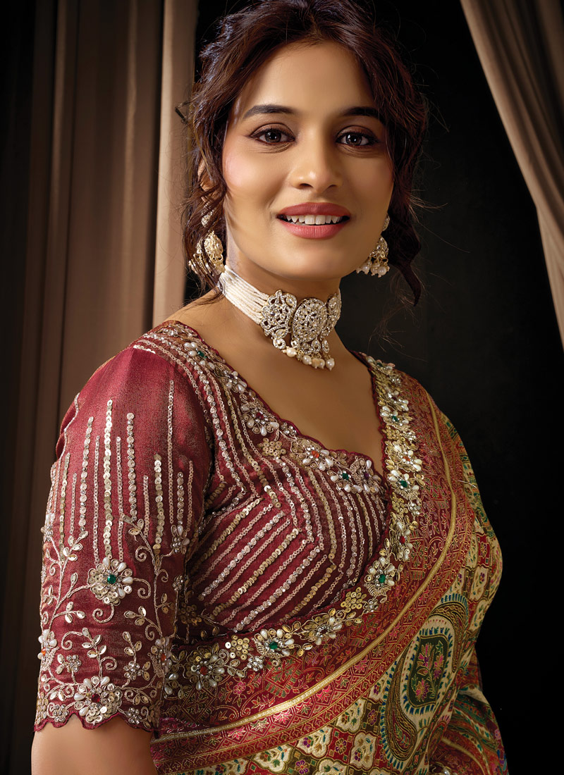 Brown Jacquard Silk Pearl Handwork Wedding Saree