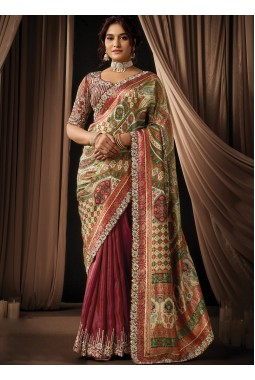 Brown Jacquard Silk Pearl Handwork Wedding Saree