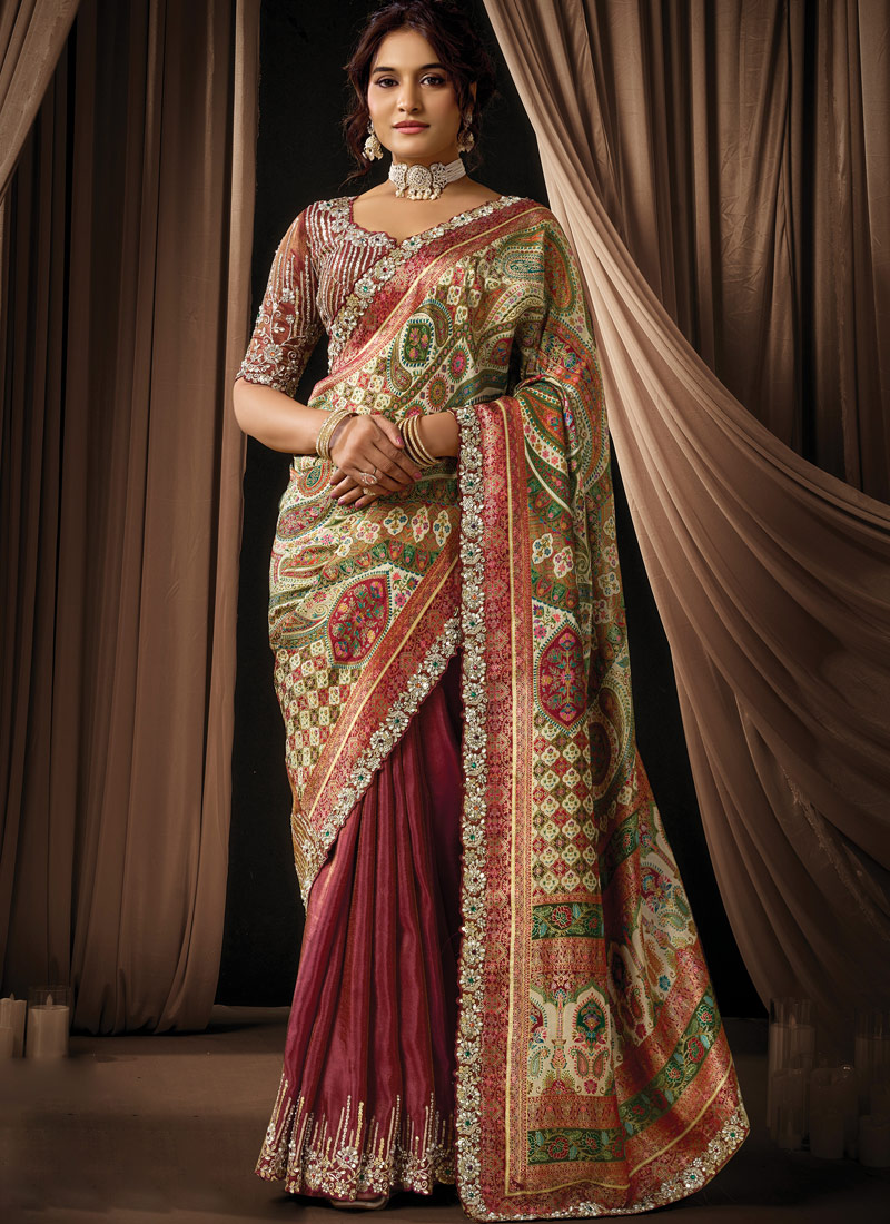 Brown Jacquard Silk Pearl Handwork Wedding Saree