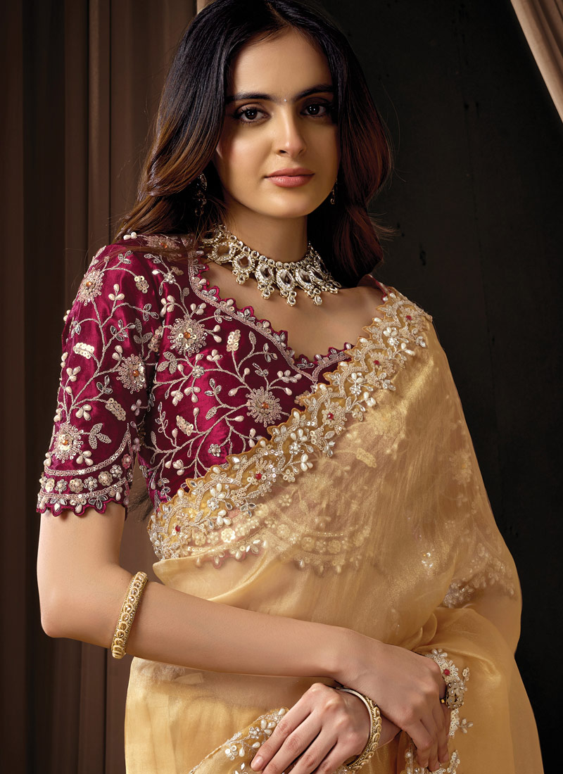 Yellow Organza Tissue Sequins Embroidery Wedding Saree