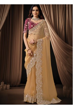 Yellow Organza Tissue Sequins Embroidery Wedding Saree