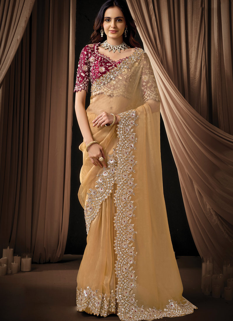 Yellow Organza Tissue Sequins Embroidery Wedding Saree