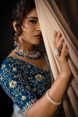 Blue Organza Satin Embroidery Wedding Saree