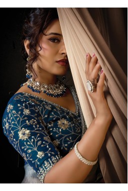 Blue Organza Satin Embroidery Wedding Saree