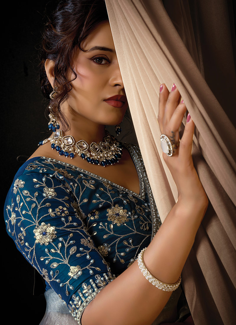 Blue Organza Satin Embroidery Wedding Saree
