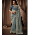 Blue Organza Satin Embroidery Wedding Saree
