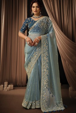 Blue Organza Satin Embroidery Wedding Saree