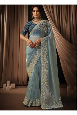 Blue Organza Satin Embroidery Wedding Saree
