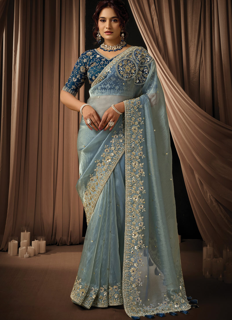 Blue Organza Satin Embroidery Wedding Saree