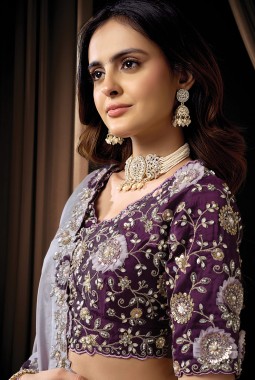 Lavender Uppada Silk Sequins Embroidery Wedding Saree