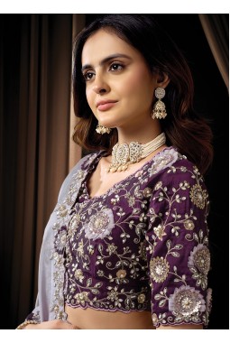 Lavender Uppada Silk Sequins Embroidery Wedding Saree