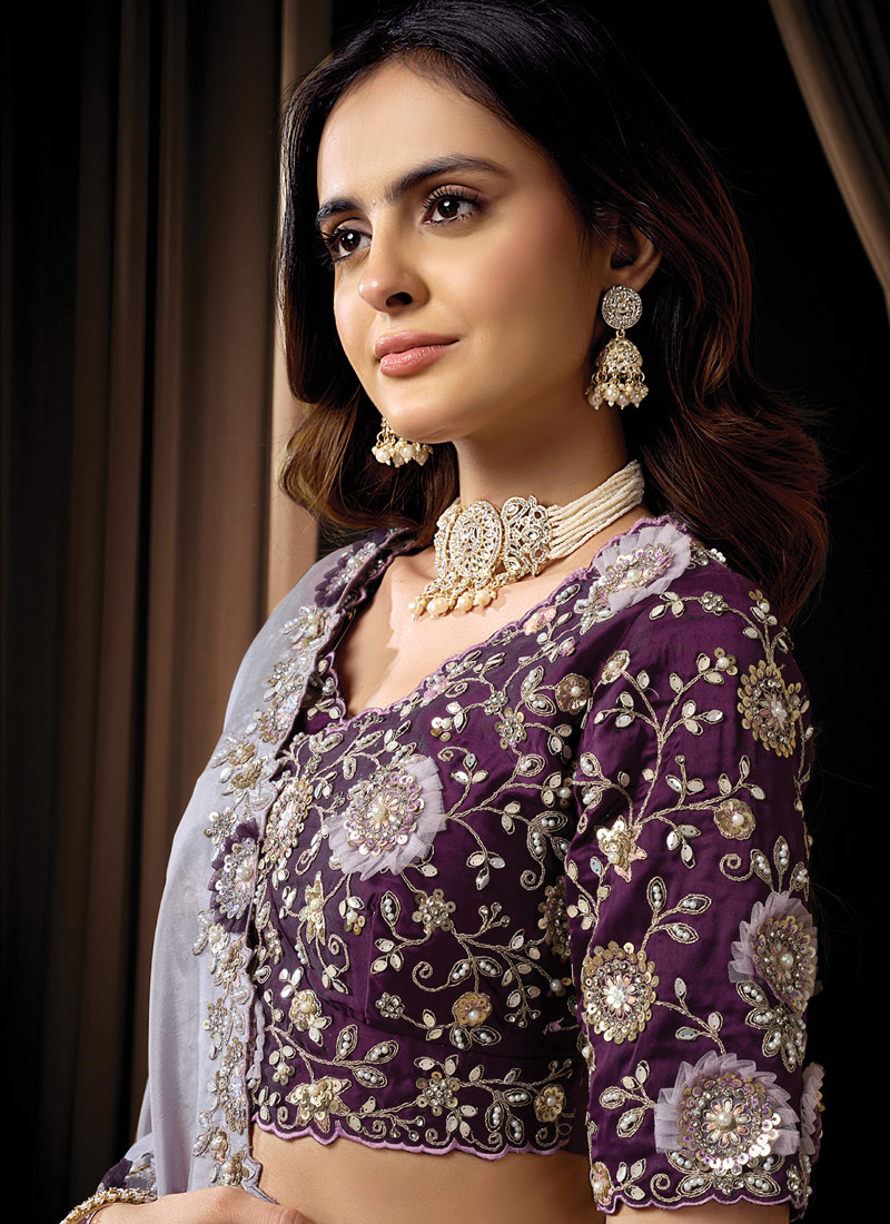Lavender Uppada Silk Sequins Embroidery Wedding Saree