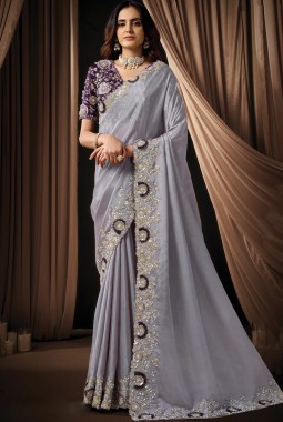 Lavender Uppada Silk Sequins Embroidery Wedding Saree