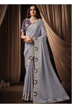 Lavender Uppada Silk Sequins Embroidery Wedding Saree
