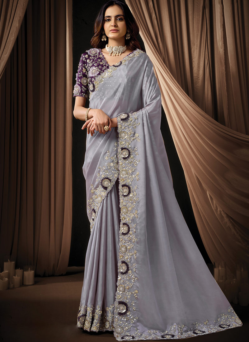 Lavender Uppada Silk Sequins Embroidery Wedding Saree