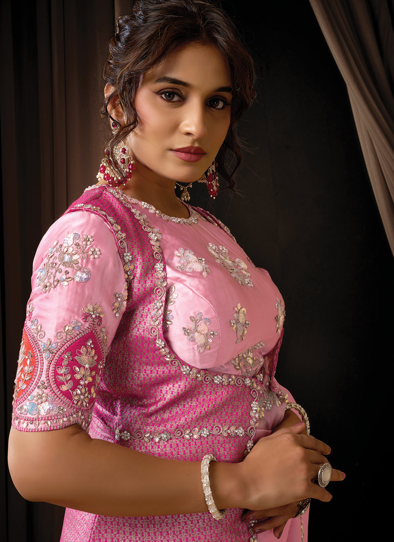 Pink Tissue Thread Work Designer Wedding Saree
