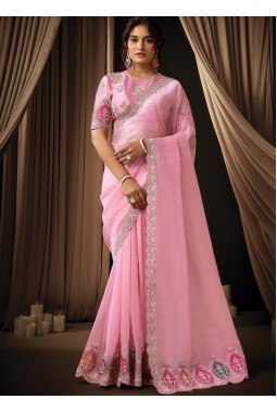Pink Tissue Thread Work Designer Wedding Saree