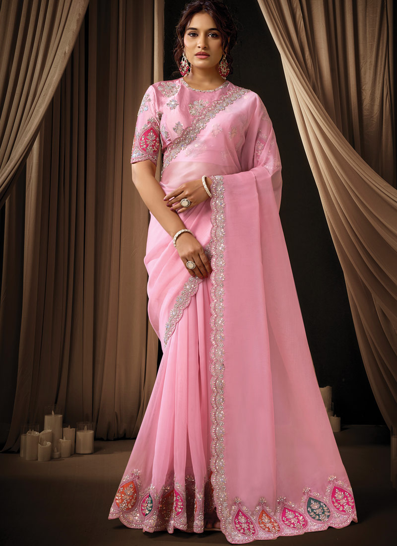 Pink Tissue Thread Work Designer Wedding Saree