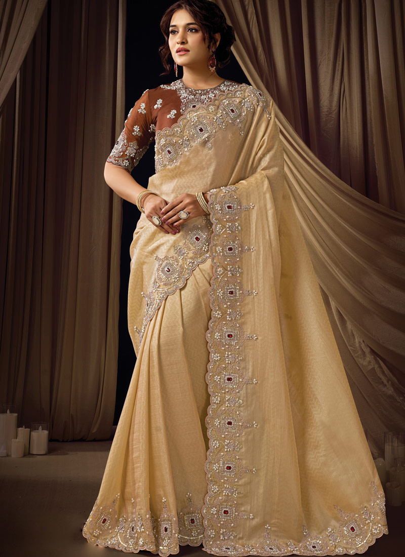 Lemon Jacquard Silk Sequins Embroidered Designer Wedding Saree