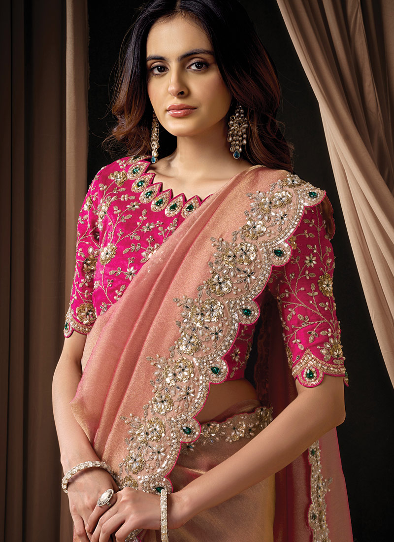 Peach Organza Satin Embroidery Designer Wedding Saree