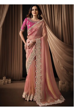 Peach Organza Satin Embroidery Designer Wedding Saree