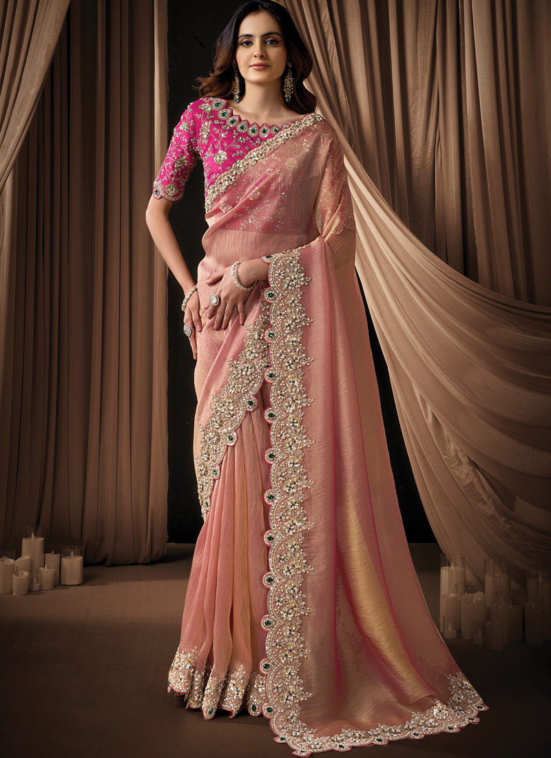 Peach Organza Satin Embroidery Designer Wedding Saree