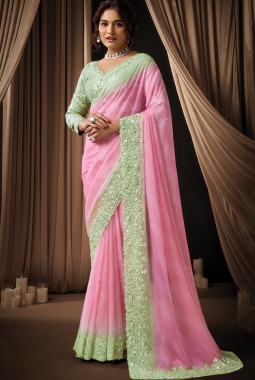 Pink Georgette Sequins Embroidered Designer Wedding Saree