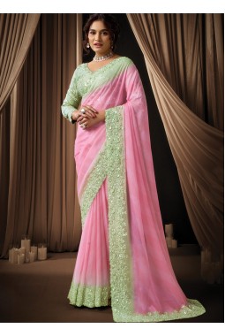 Pink Georgette Sequins Embroidered Designer Wedding Saree