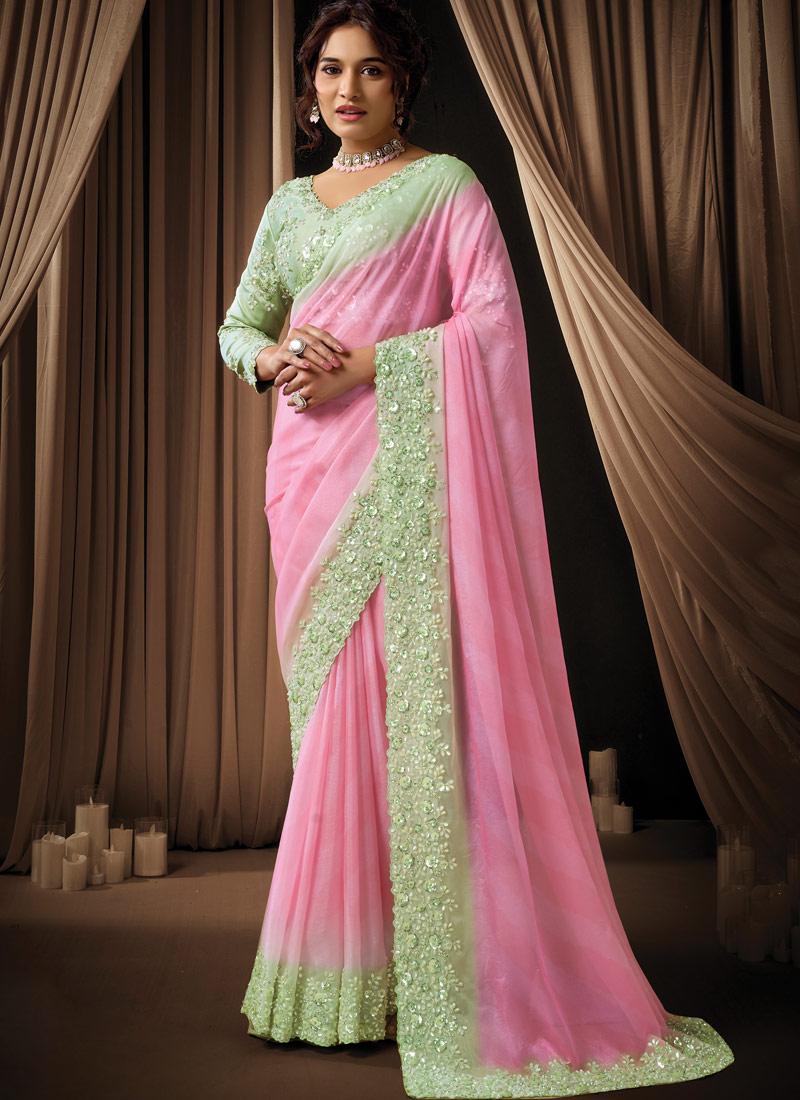 Pink Georgette Sequins Embroidered Designer Wedding Saree