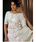 White Satin Silk Applique Work Designer Wedding Saree