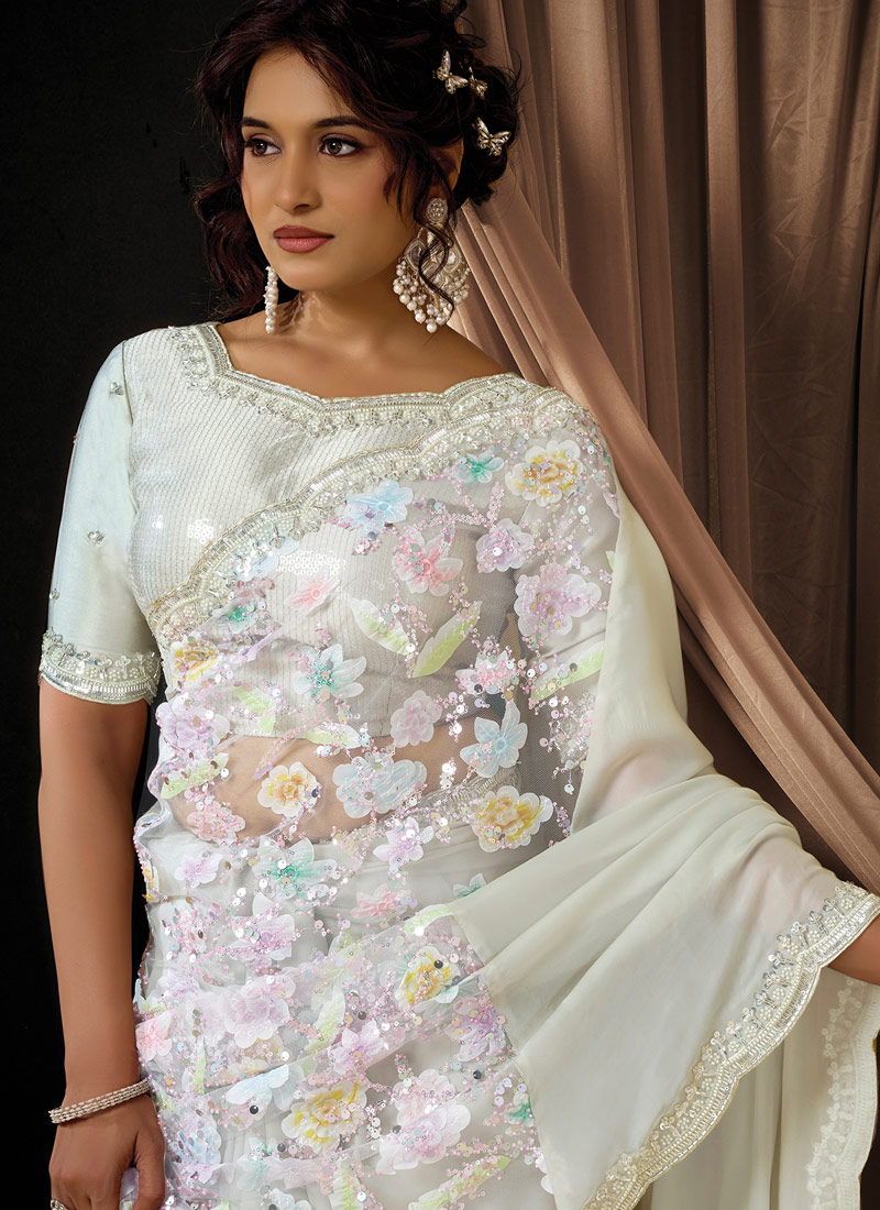 White Satin Silk Applique Work Designer Wedding Saree