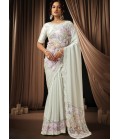 White Satin Silk Applique Work Designer Wedding Saree