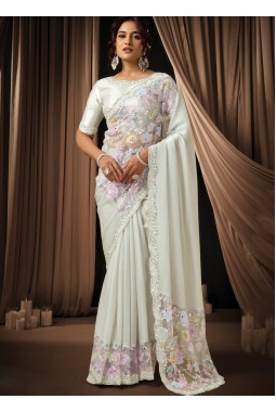 White Satin Silk Applique Work Designer Wedding Saree