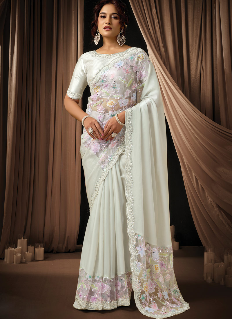White Satin Silk Applique Work Designer Wedding Saree