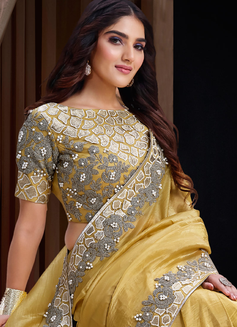 Mustard Banarasi Silk Pearl Embroidery Designer Wedding Saree